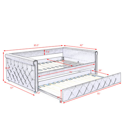 Daybed with Trundle Upholstered Tufted Sofa Bed, with Button and Copper Nail on Arms，Full Daybed & Twin Trundle, PU Black（85.5“x57”x30.5“）