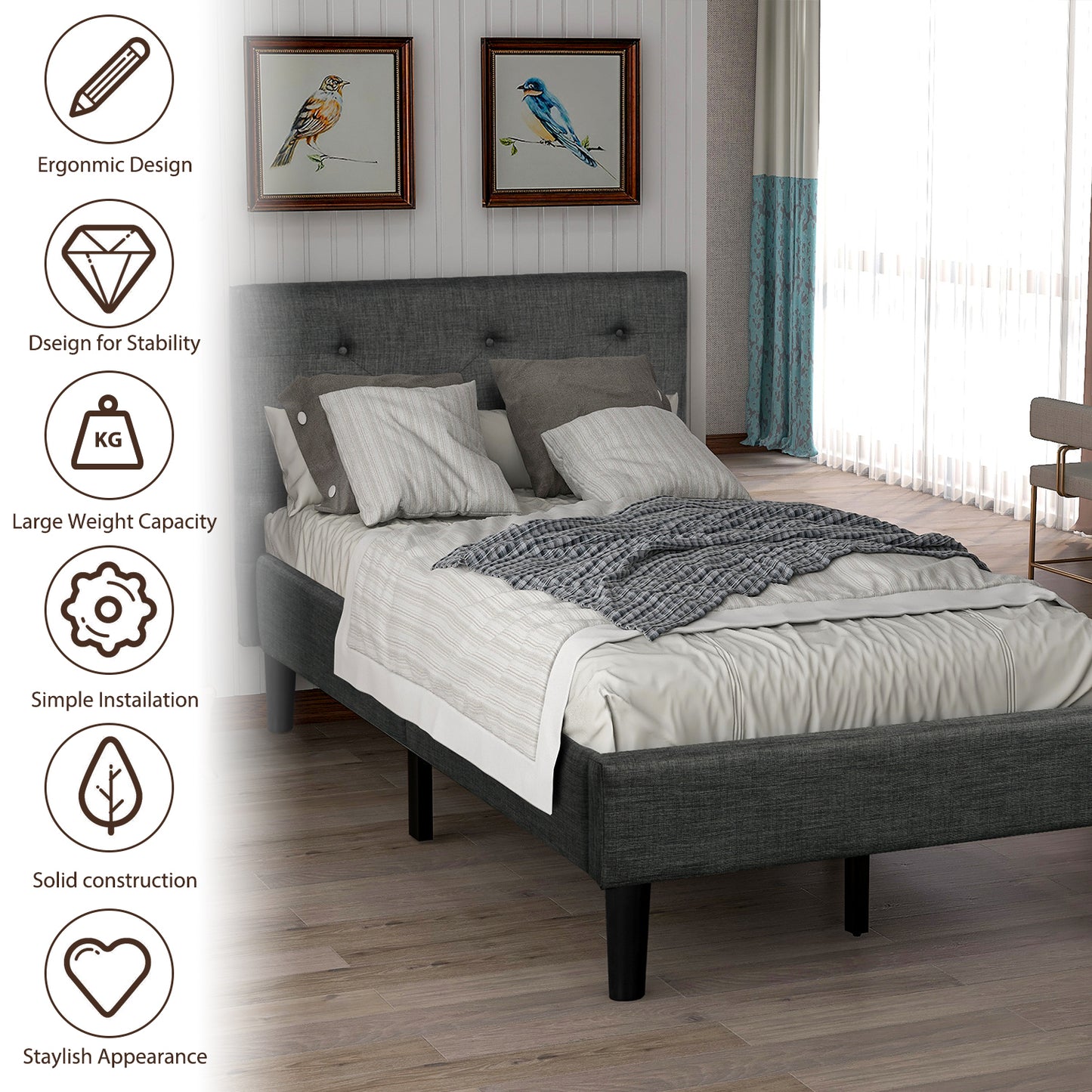 Upholstered Button Tufted Platform Bed with Strong Wood Slat Support (Twin, Gray)