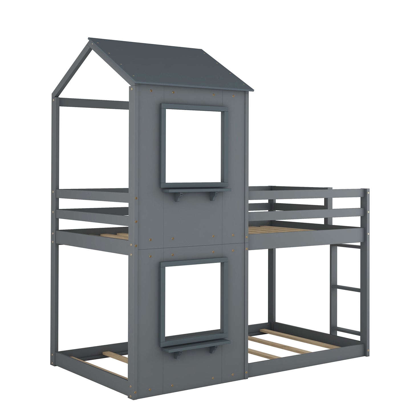 Twin Over Twin Bunk Bed Wood Bed with Roof, Window, Guardrail, Ladder (Gray)