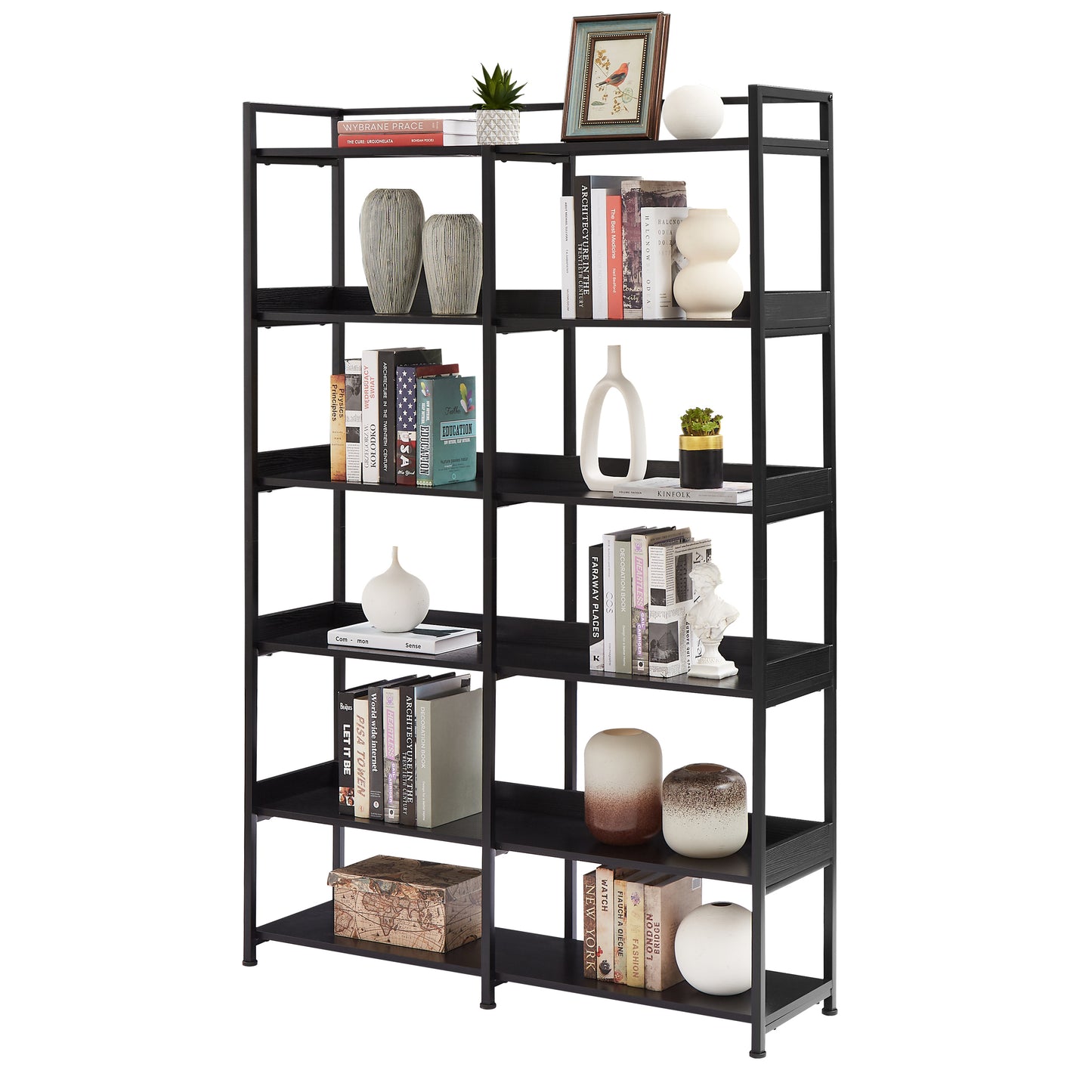 70.8 Inch Tall Bookshelf MDF Boards Stainless Steel Frame, 6-tier Shelves with Back&Side Panel, Adjustable Foot Pads, Black