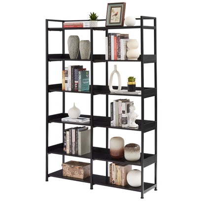 70.8 Inch Tall Bookshelf MDF Boards Stainless Steel Frame, 6-tier Shelves with Back&Side Panel, Adjustable Foot Pads, Black