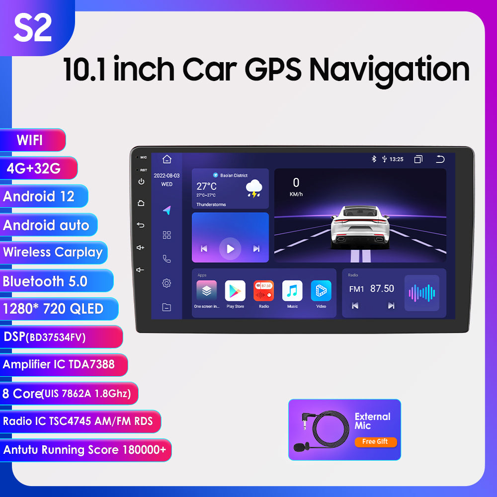 2S Series 10.1 inch Touchscreen Android 12 8Core QLED 1280*720 BT5.0 Car Gps Navigation Stereo Carplay 4+32GB