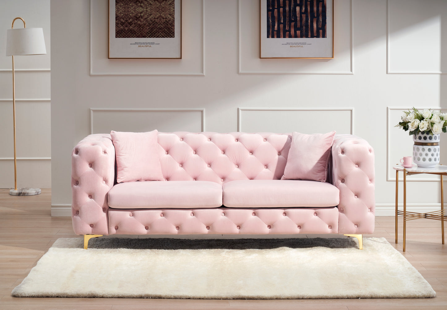 New design comfortable pink loveseat with two throw pillows in the same color