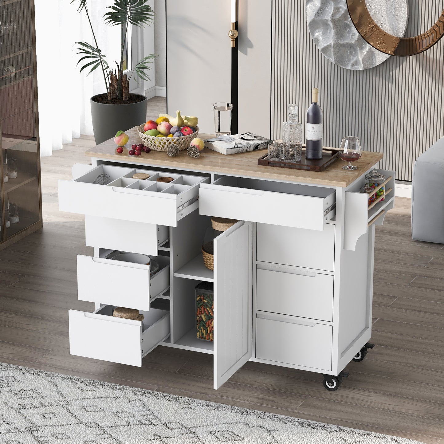 K&K Store Kitchen Cart with Rubber Wood Countertop , Kitchen Island has 8 Handle-Free Drawers Including a Flatware Organizer and 5 Wheels for Kitchen Dinning Room, White