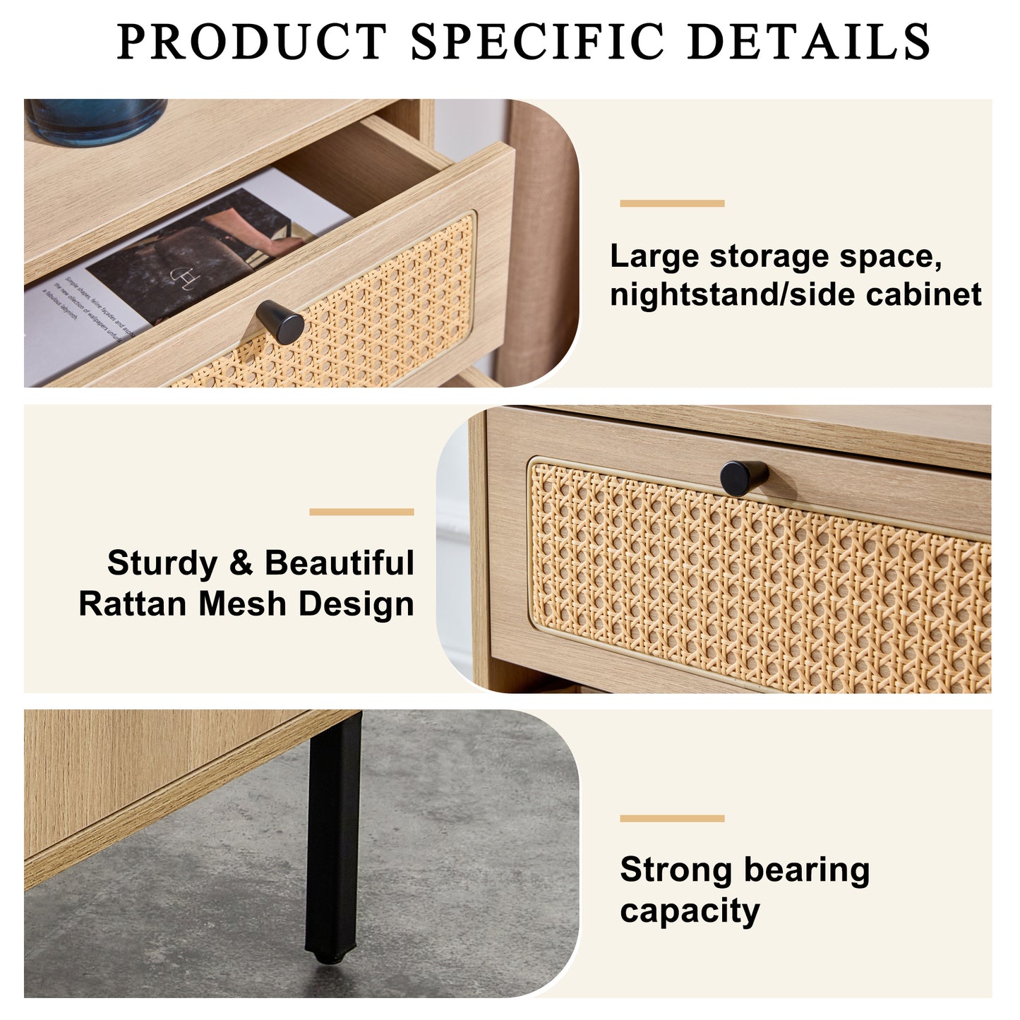 Modern simple storage cabinet MDF Board bedside cabinet Japanese rattan bedside cabinet Small household furniture bedside table.Applicable to dressing table in bedroom, porch, living room.2 Drawers