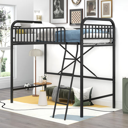 Twin Size Metal Loft Bed, No Box Spring Needed, Black (Old SKU:SM000222AAB)