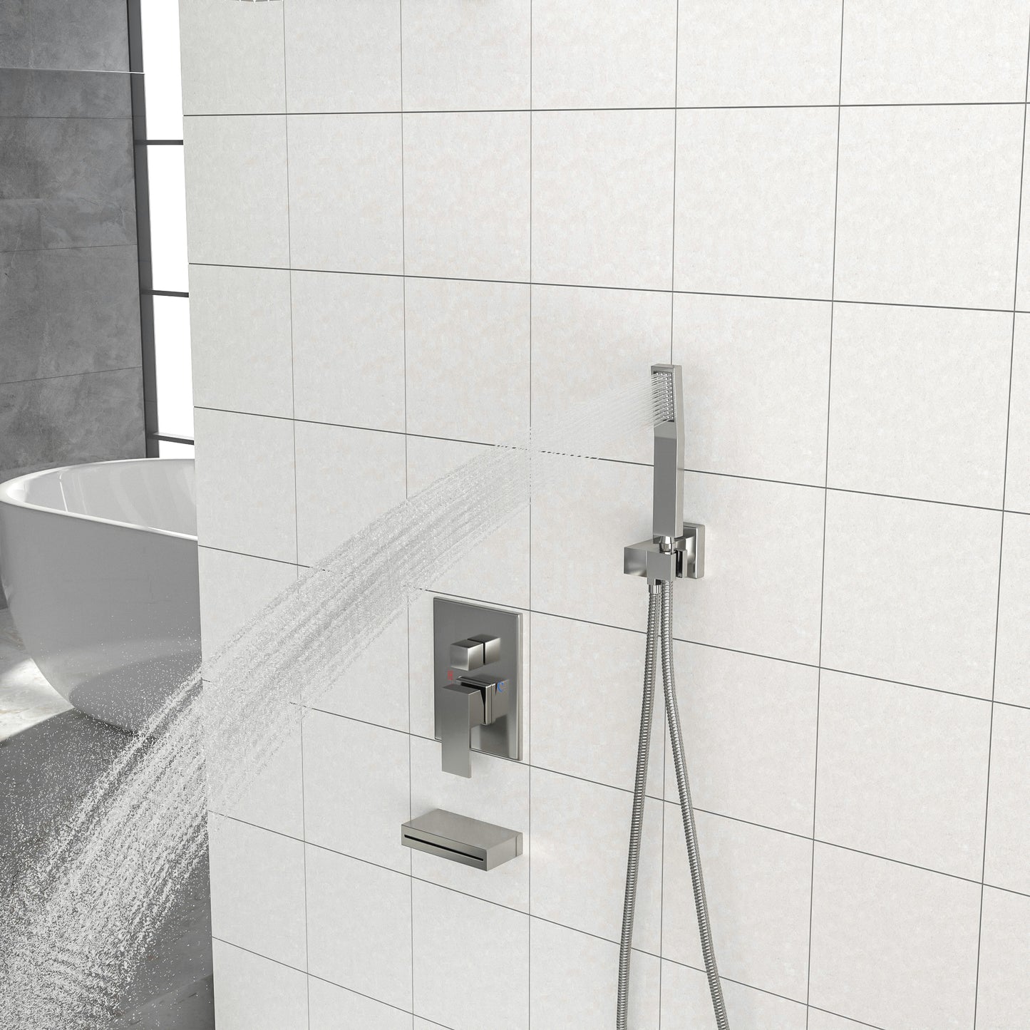 12" Rain Shower Head Systems with Waterfall Tub Spout, Brushed Nickel,Ceiling Mounted shower