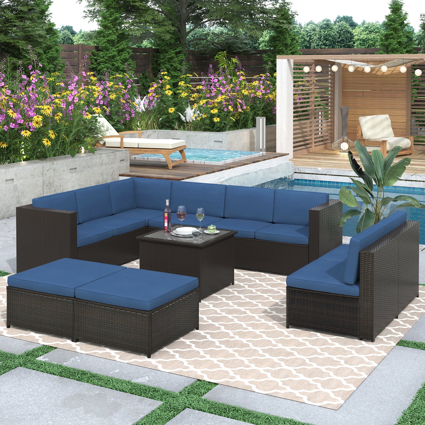 U_Style 9 Piece Rattan Sectional Seating Group with Cushions and Ottoman, Patio Furniture Sets, Outdoor Wicker Sectional