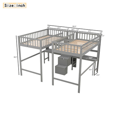 Twin & Twin Size Loft Bed with 2 Built-in Desks and Shelves, Storage Staircase, Gray