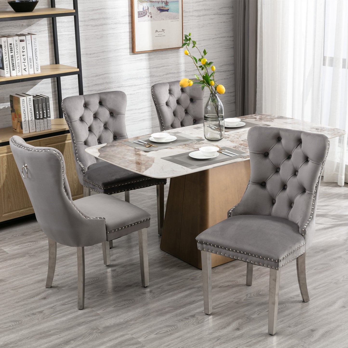 A&A Furniture,Nikki Collection Modern, High-end Tufted Solid Wood Contemporary Velvet Upholstered Dining Chair with Chrome Stainless Steel Plating Legs,Nailhead Trim,Set of 2，Gray and Chrome, SW1701GY