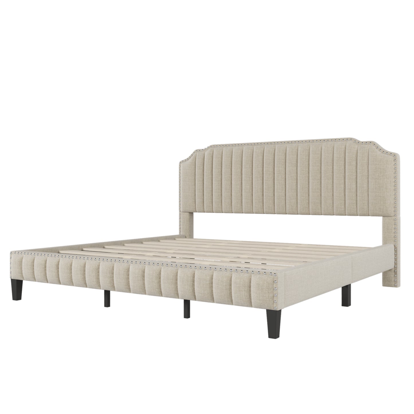 Modern Linen Curved Upholstered Platform Bed , Solid Wood Frame , Nailhead Trim, Cream (King)