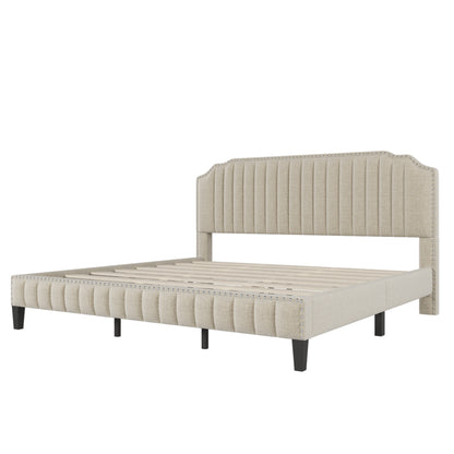 Modern Linen Curved Upholstered Platform Bed , Solid Wood Frame , Nailhead Trim, Cream (King)