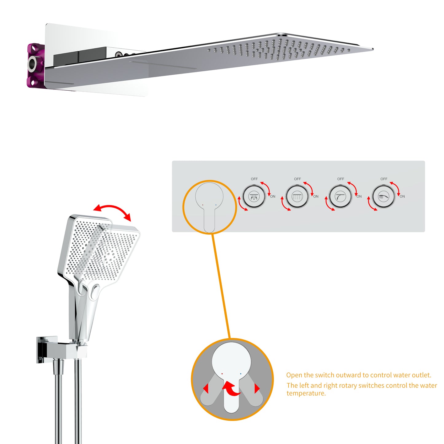 Shower System, Ultra-thin Wall Mounted Shower Faucet Set for Bathroom, Wall Massage Water, Stainless Steel Rain Shower head Handheld Shower Set, 23 inch square large panel, Chrome