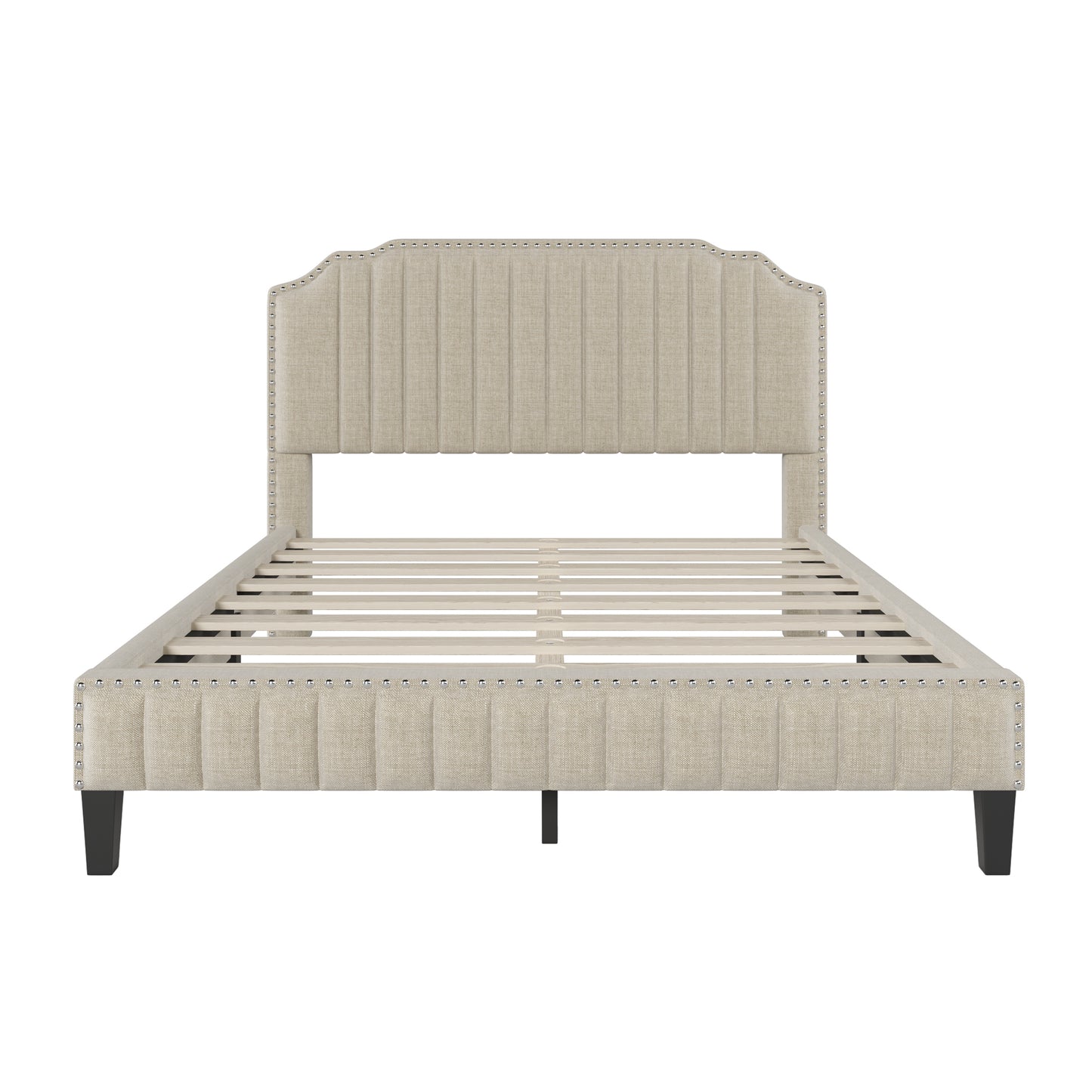 Modern Linen Curved Upholstered Platform Bed , Solid Wood Frame , Nailhead Trim, Cream (Queen)