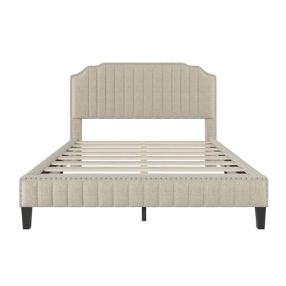 Modern Linen Curved Upholstered Platform Bed , Solid Wood Frame , Nailhead Trim, Cream (Queen)