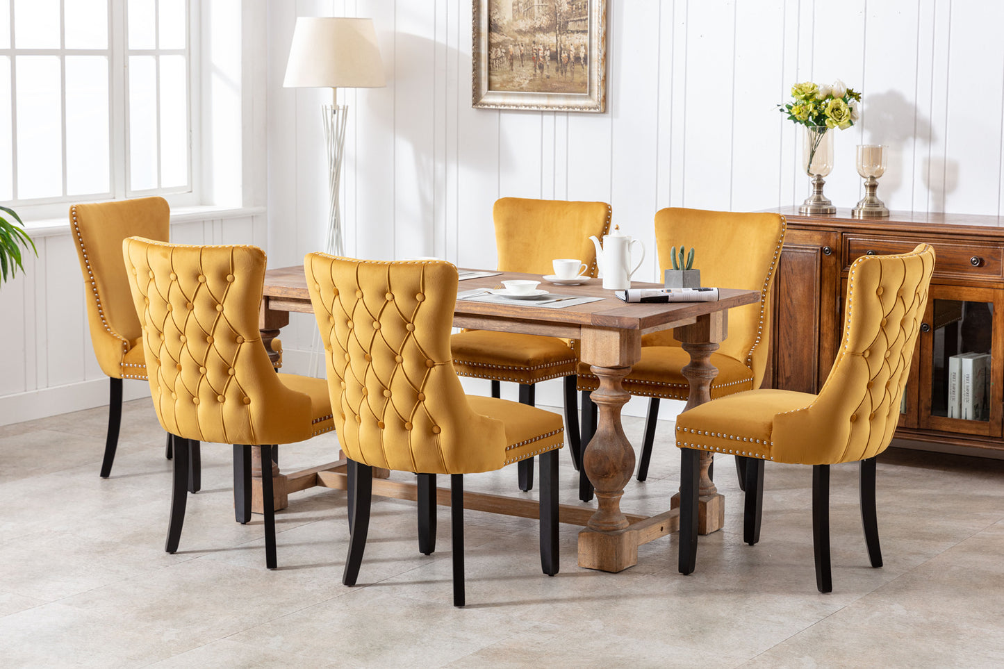 A&A Furniture,Upholstered Wing-Back Dining Chair with Backstitching Nailhead Trim and Solid Wood Legs,Set of 2, Gold 8809KD