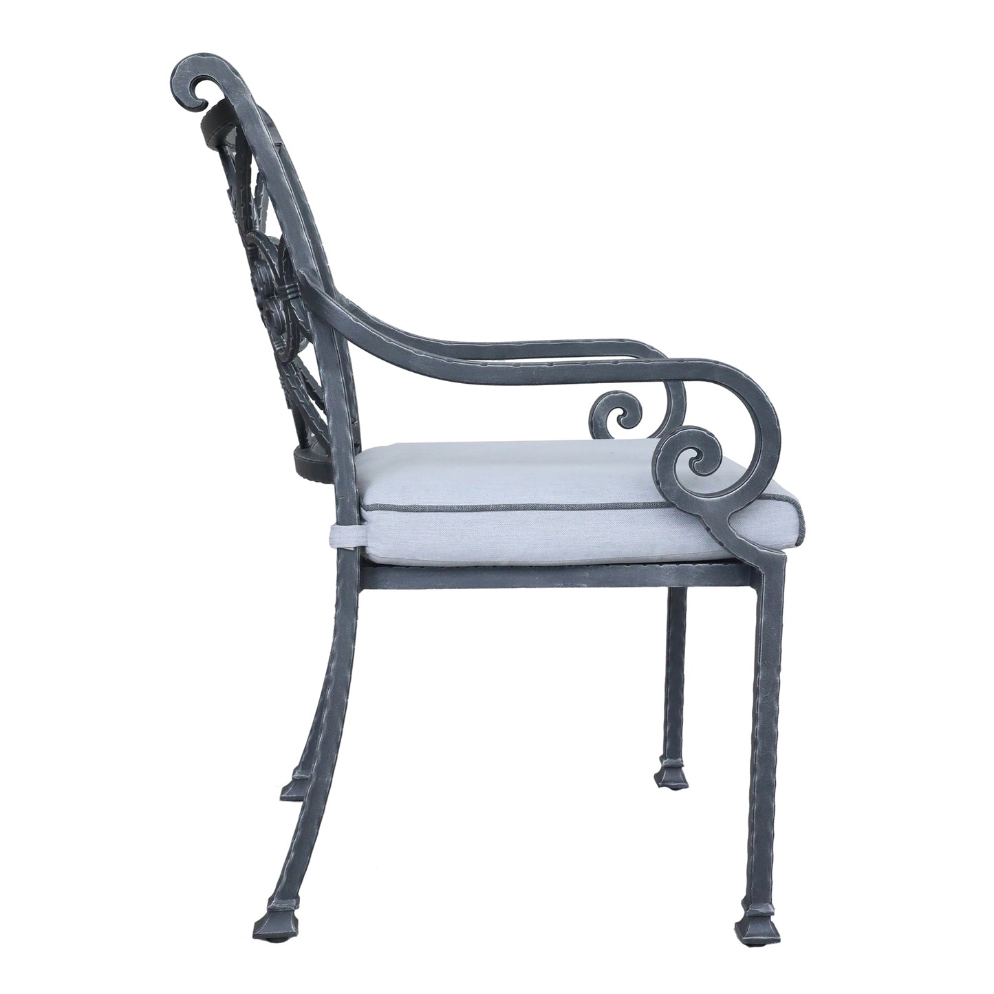 Outdoor Patio Cast Burnished pewter Aluminum Stacking Arm Chair With Cushion, Set of 2, Blue