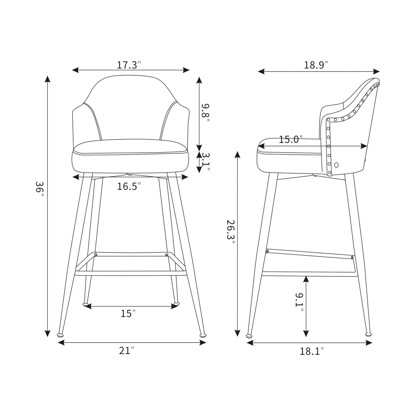 Set of 2 Counter Bar Stools, Fabric Upholstered Bar Stool with Nailhead Trim Back, Metal Legs in Matte Black, 25.59" H Seat Height