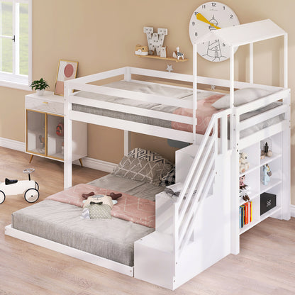 Twin over Full House Roof Bunk Bed with Staircase and Shelves, White