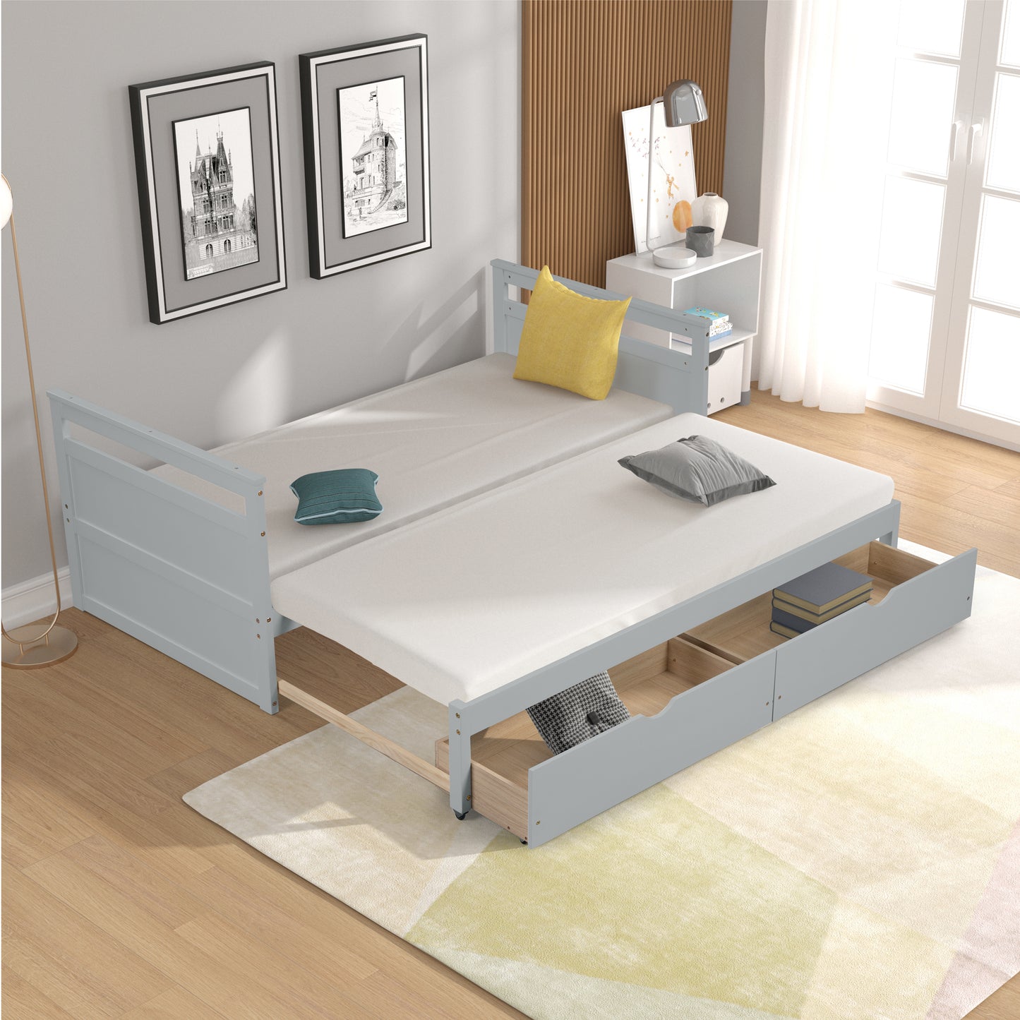 THE TWIN BED CAN BE EXPANDED WITH 2 DRAWERS