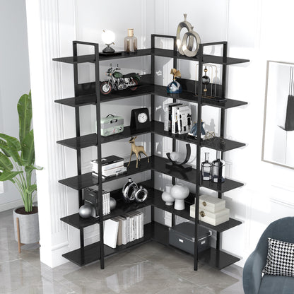 74.8 Inch Bookshelf L-shape MDF Boards Stainless Steel Frame Corner 6-tier Shelves Adjustable Foot Pads, Black