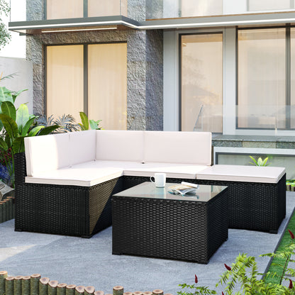 GO 5-Piece Patio Rattan PE Wicker Furniture Corner Sofa Set, with 2 Sofa chairs, 1 Corner chair, 1 ottoman and 1 glass coffee table, Sectional Sofa Chair, Seating, Lying(Black Wicker, Beige Cushion)