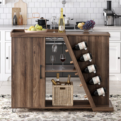 TREXM Kitchen Island Cart on Wheels with Adjustable Shelf and 5 Wine Holders, Storage Cart for Dining Room, Kitchen (Brown)