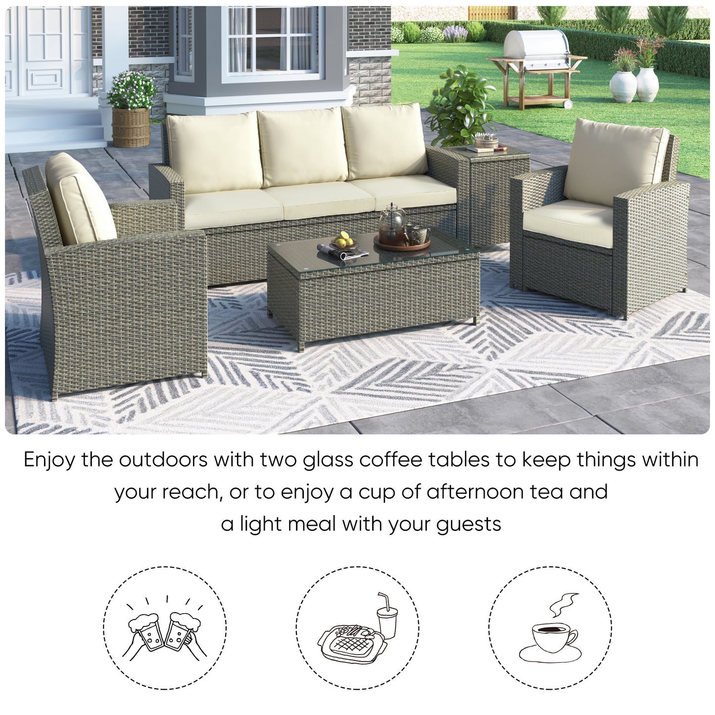 U_Style 5 Piece Rattan Sectional Seating Group with Cushions and table, Patio Furniture Sets, Outdoor Wicker Sectional