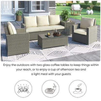 U_Style 5 Piece Rattan Sectional Seating Group with Cushions and table, Patio Furniture Sets, Outdoor Wicker Sectional