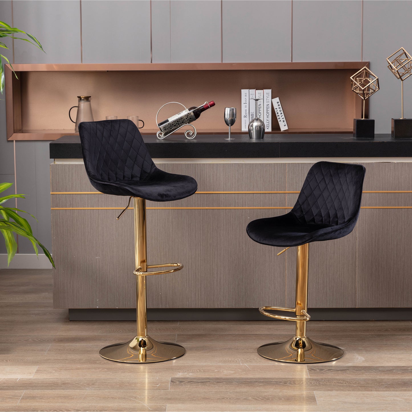 Set of 2  Bar Stools,with Chrome Footrest and Base Swivel Height Adjustable Mechanical Lifting Velvet + Golden Leg Simple Bar Stool-black