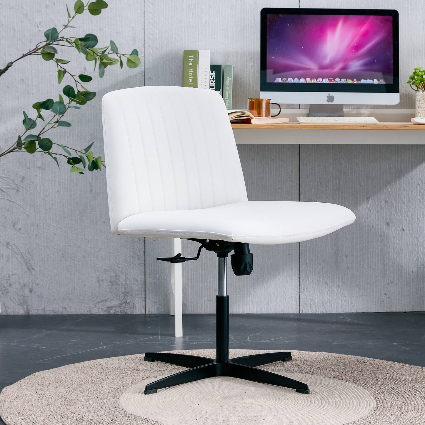 White High Grade Pu Material. Home Computer Chair Office Chair Adjustable 360 ° Swivel Cushion Chair With Black Foot Swivel Chair Makeup Chair Study Desk Chair. No Wheels