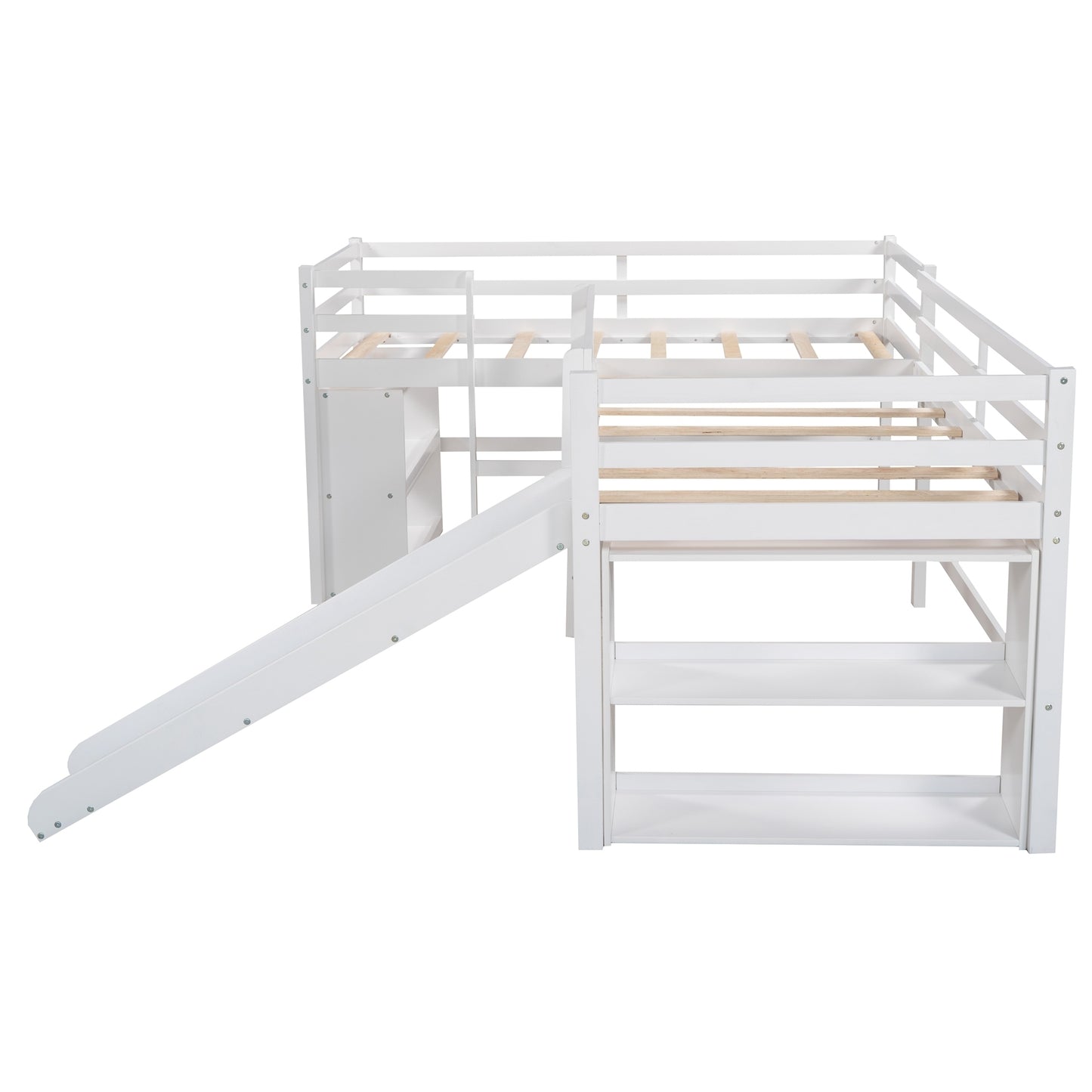 Twin Size L-Shaped Loft Bed with Movable Two-Tier Shelves and Slide,White