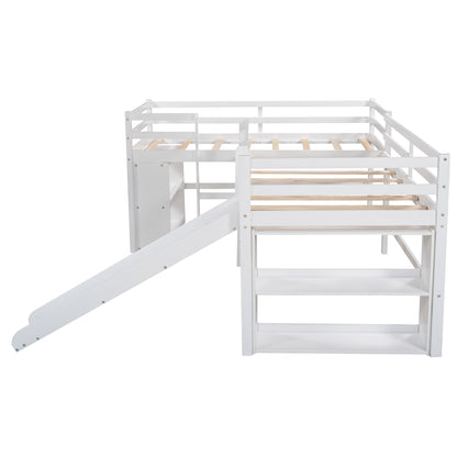 Twin Size L-Shaped Loft Bed with Movable Two-Tier Shelves and Slide,White