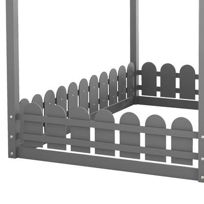 （Slats are not included) Full Size Wood Bed House Bed Frame with Fence, for Kids, Teens, Girls, Boys (Gray )(OLD SKU:WF281294AAE)