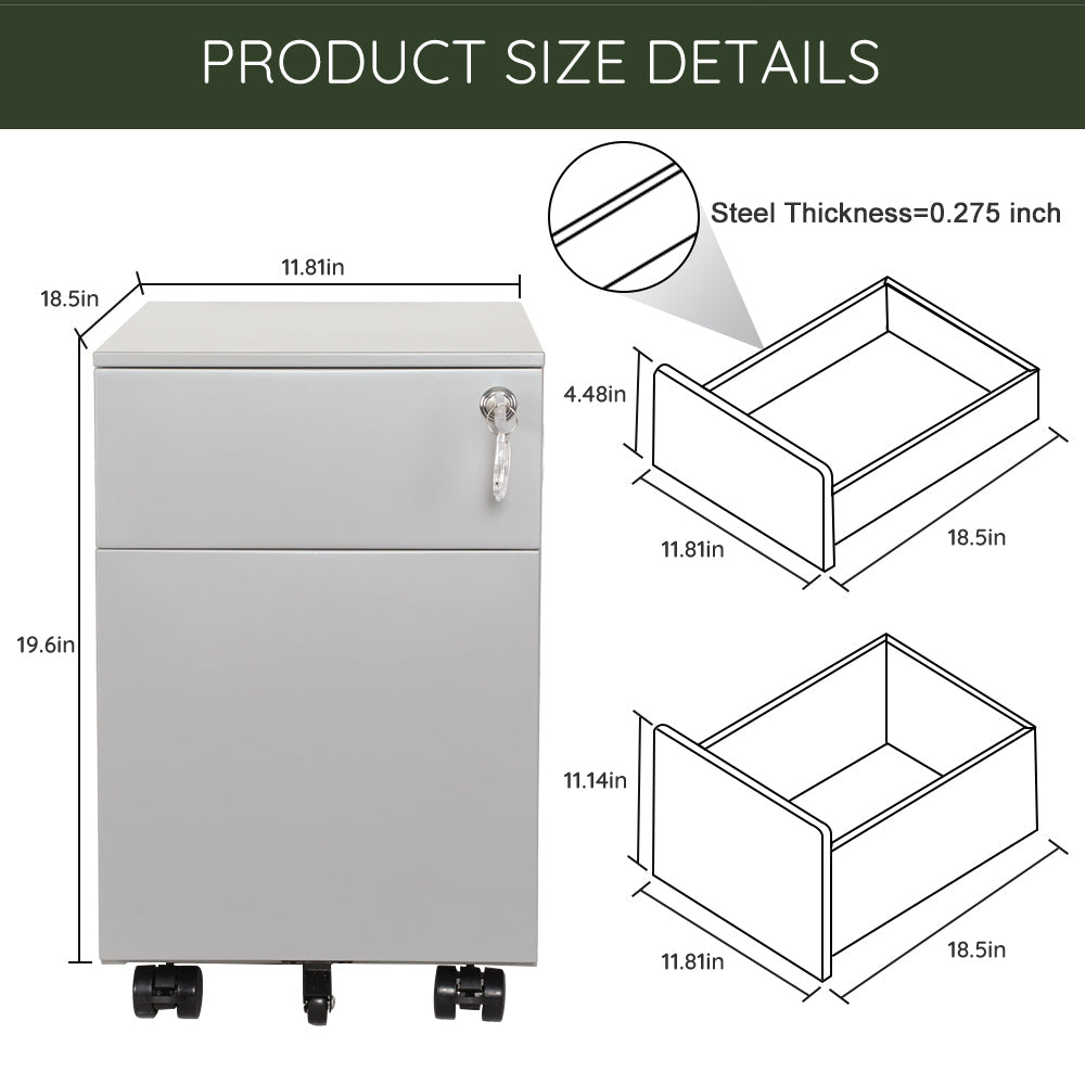 2 Drawer Mobile File Cabinet with Lock Metal Filing Cabinet for Legal/Letter/A4/F4 Size, Fully Assembled Include Wheels, Home/Office Design,Grey