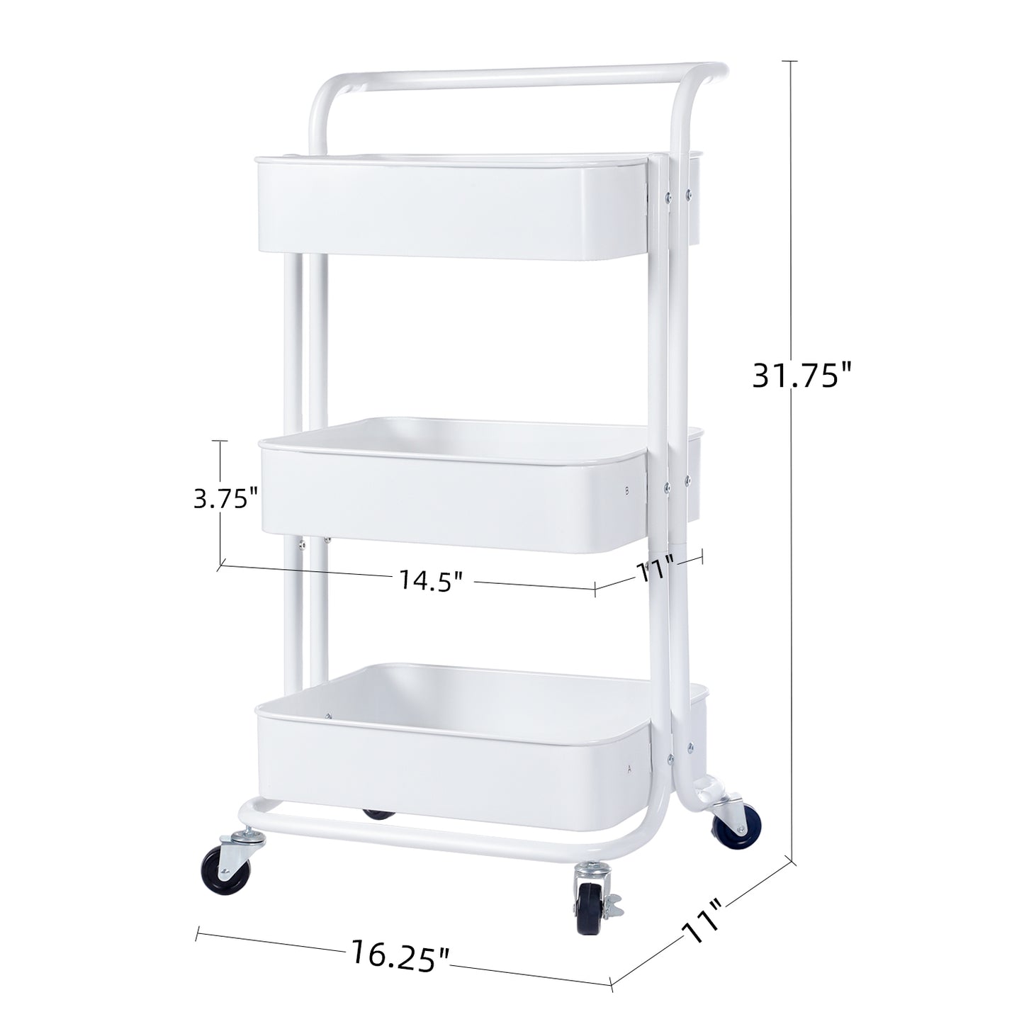 3-Tier Rolling Storage Utility Cart, Heavy Duty Craft Cart with Wheels and Handle, White