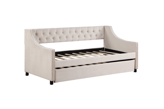 Daybed with Trundle Upholstered Tufted Sofa Bed, with Button and Copper Nail on Arms，both full Size Beige