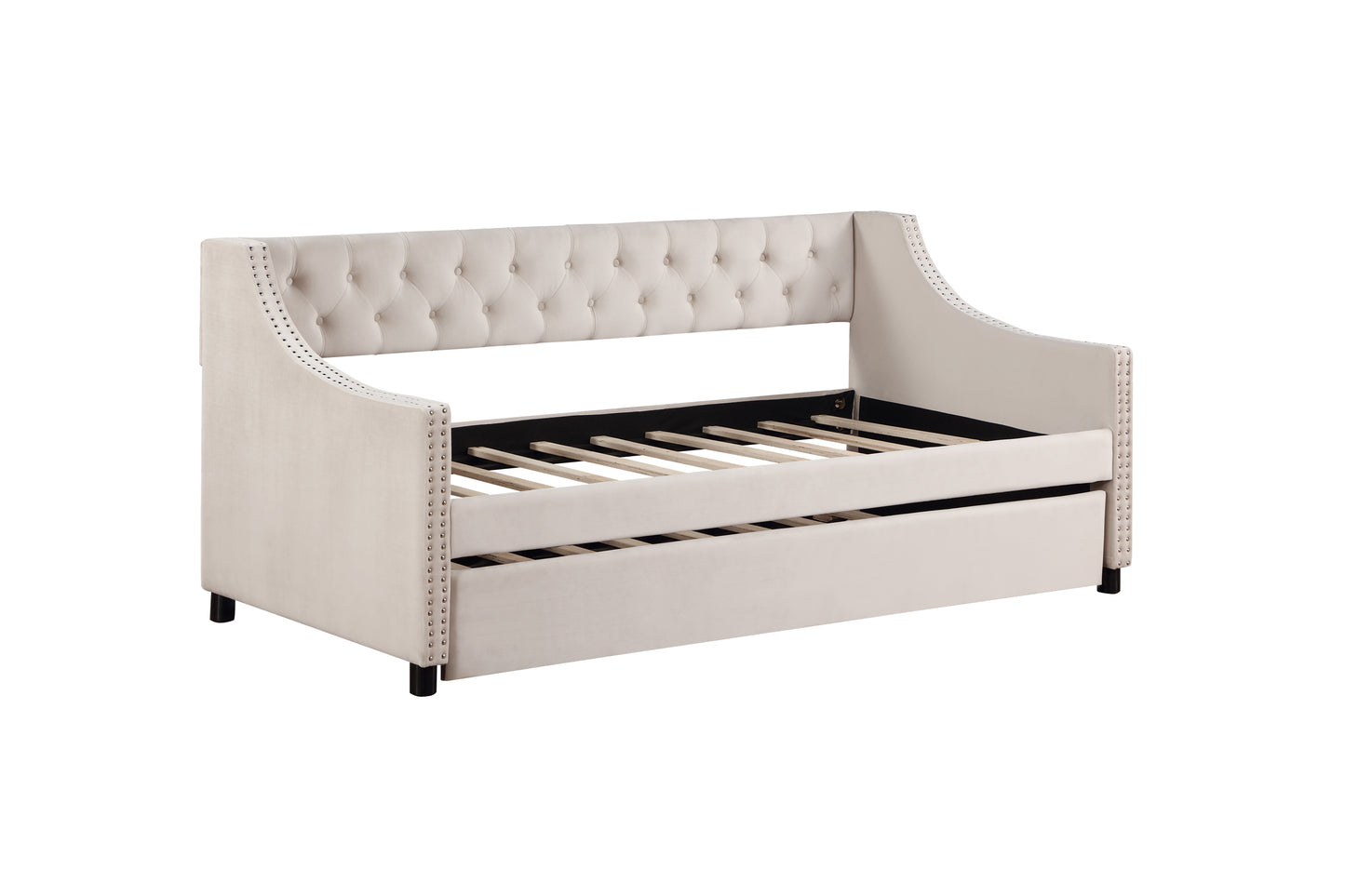 Upholstered Daybed with Trundle, Twin Size Frame, Beige Velvet