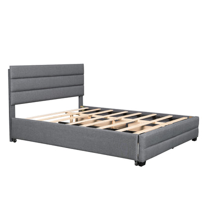 Queen Upholstered Platform Bed with Trundle and Two Drawers,Grey