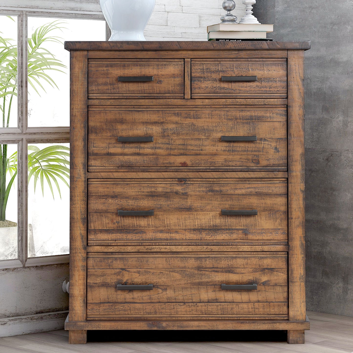 Rustic 5 Drawer Reclaimed Solid Wood Framhouse Chest Tallboy