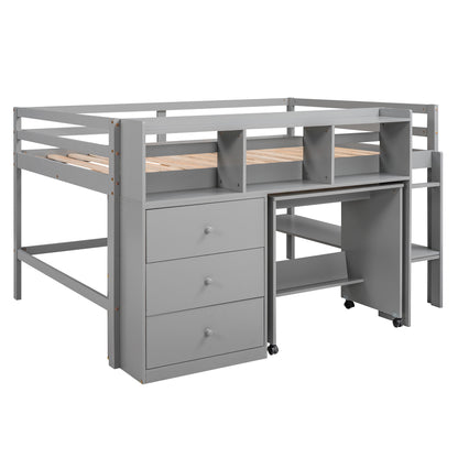 Full Size Low Loft Bed with Rolling Portable Desk, Drawers and Shelves,  Gray