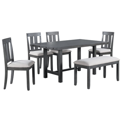 TREXM Rustic Farmhouse 6-Piece Wooden Rustic Style Dining Set, Including Table, 4 Chairs & Bench (Gray)