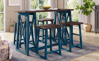 TOPMAX Rustic Counter Height 5-Piece Dining Set, Wood Console Table Set with 4 Stools for Small Places,Walnut+Blue