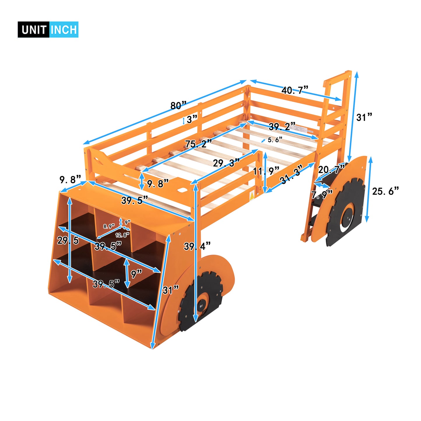 Twin Size Forklift Car-Shaped Loft Bed with Storage Shelves,Orange