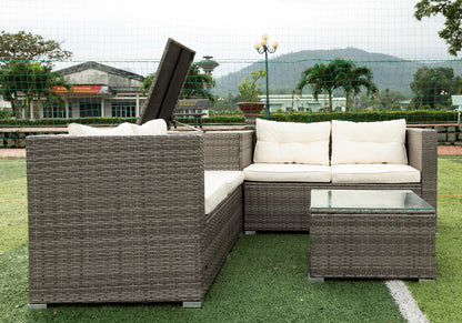 4 Piece Patio Sectional Wicker Rattan Outdoor Furniture Sofa Set with Storage Box - Creme