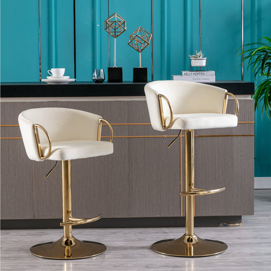 Set of 2  Bar Stools,with Chrome Footrest and Base Swivel Height Adjustable Mechanical Lifting Velvet + Golden Leg Simple Bar Stool-Ivory