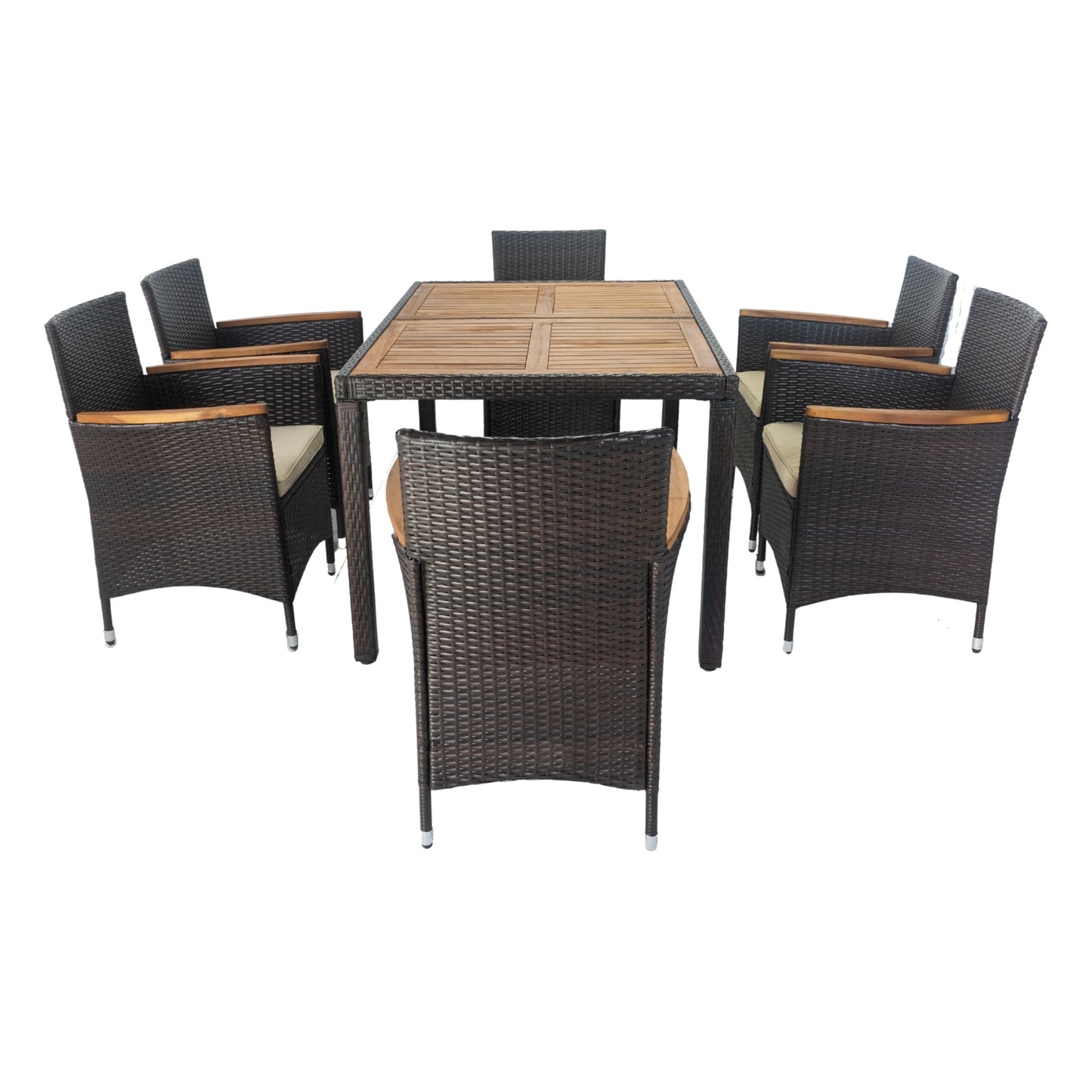 7 piece Outdoor Patio Wicker Dining Set Patio Wicker Furniture Dining Set w/Acacia Wood Top (Brown)