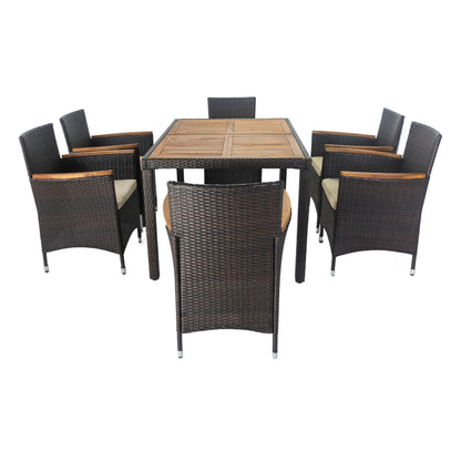 7 piece Outdoor Patio Wicker Dining Set Patio Wicker Furniture Dining Set w/Acacia Wood Top (Brown)
