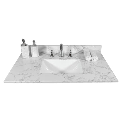 Montary 31inch bathroom vanity top stone carrara white new style tops with rectangle undermount ceramic sink  and back splash with 3 faucet hole  for bathrom cabinet