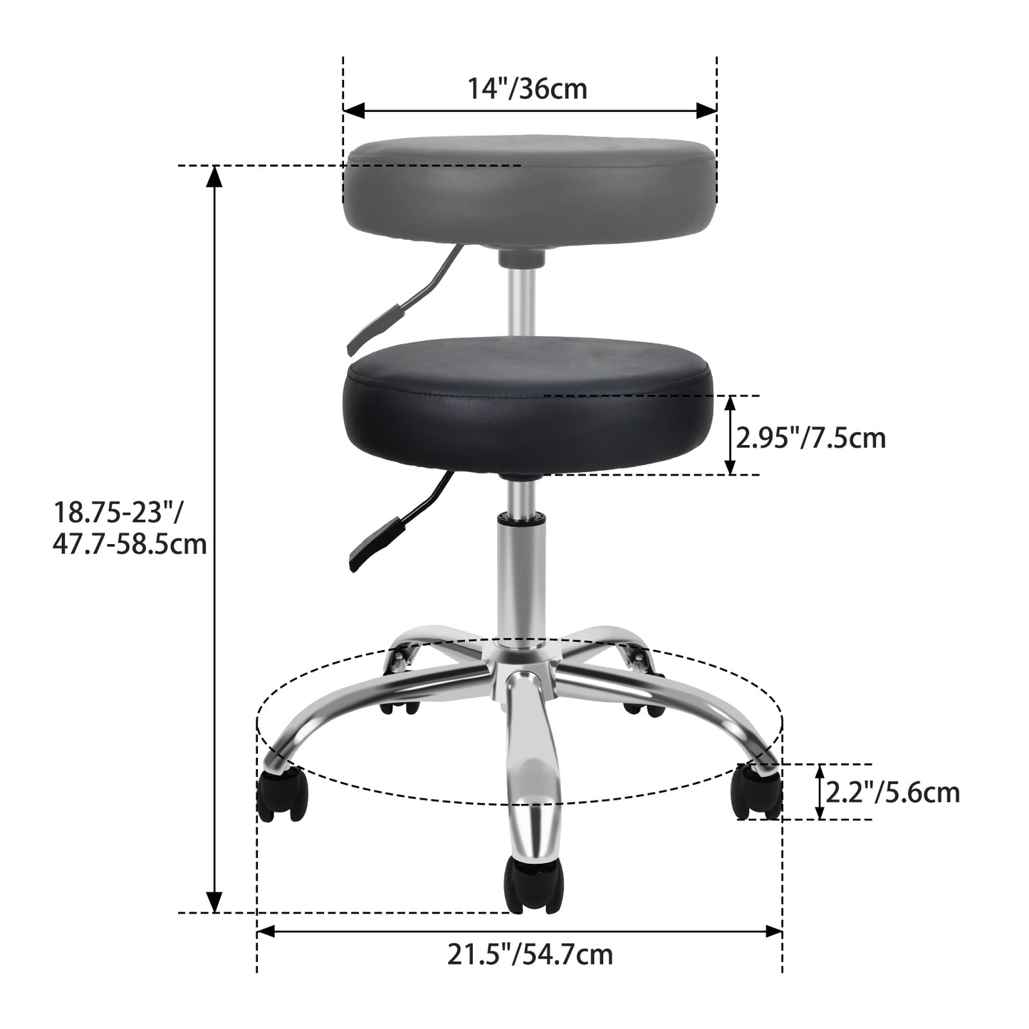 YSSOA Round Stool Chair with Wheels Height Adjustable, Black